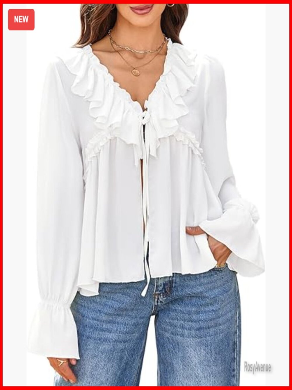 Boho Ruffle Front Tie V Neck Blouse Long Sleeve Flowy Peplum Top